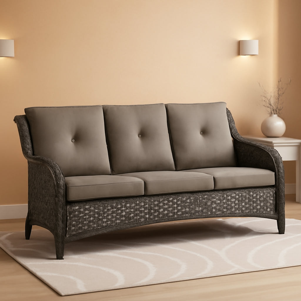 Brown 3 Seater Rattan Sofa Patio Set With Washable Cushions