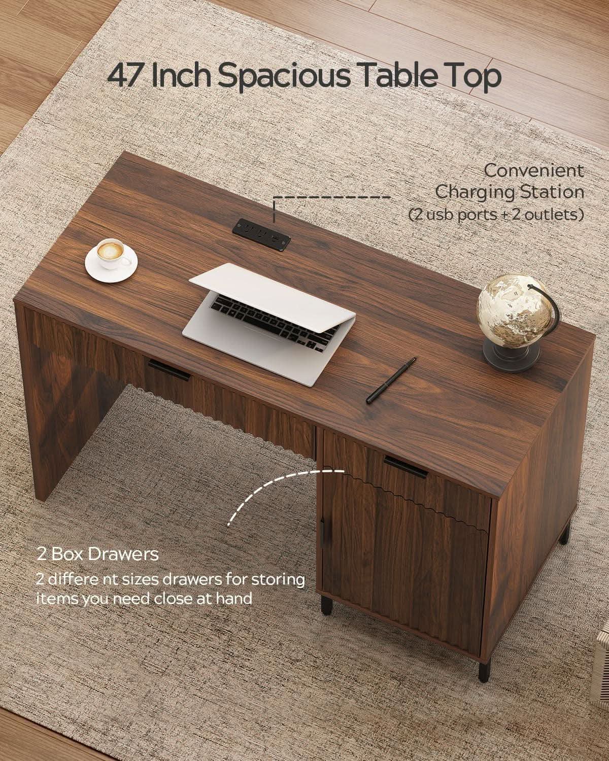 Brown 47 Inch Fluted Executive Desk Charging Station