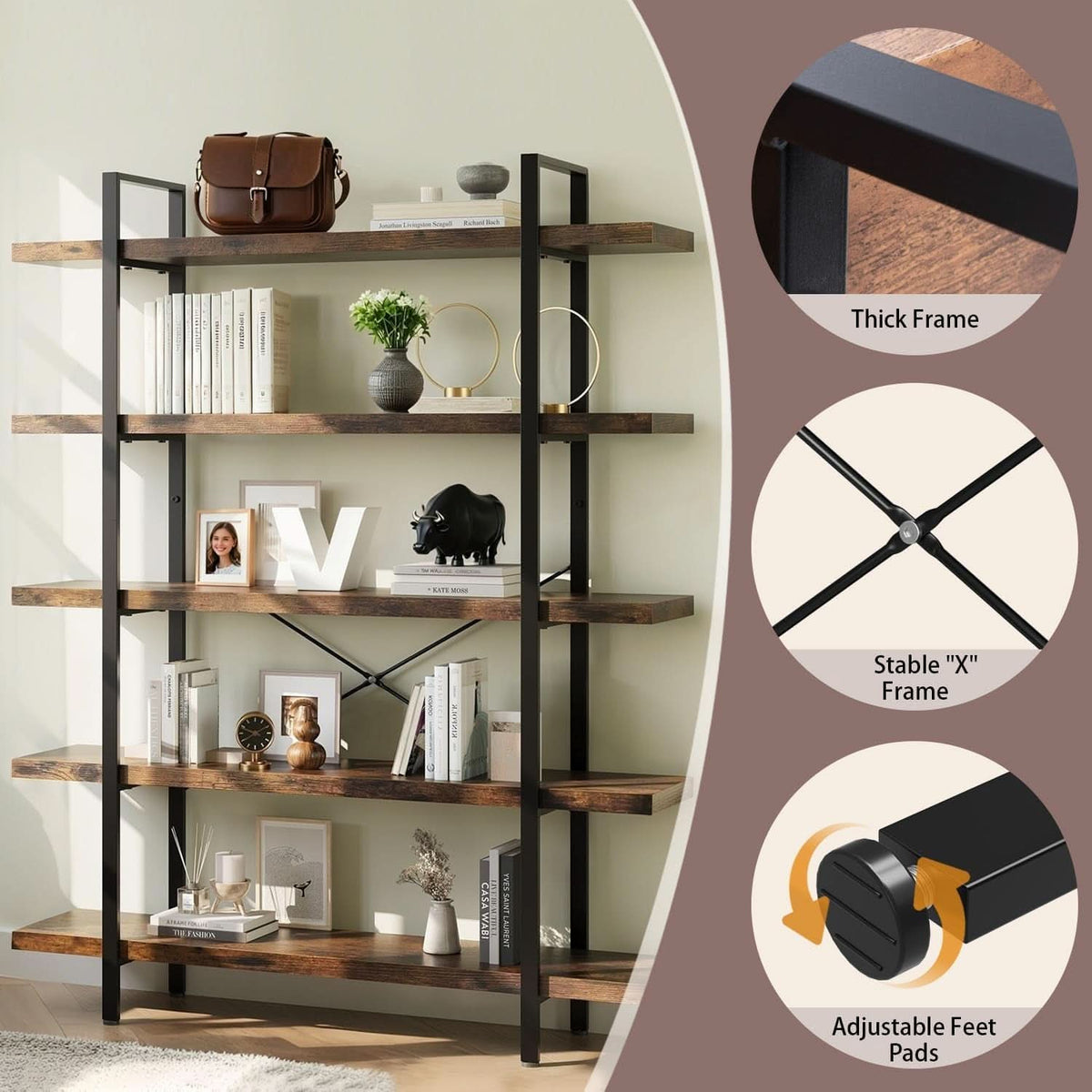 Brown 47 Inch Wide Industrial Bookcase Open Shelves