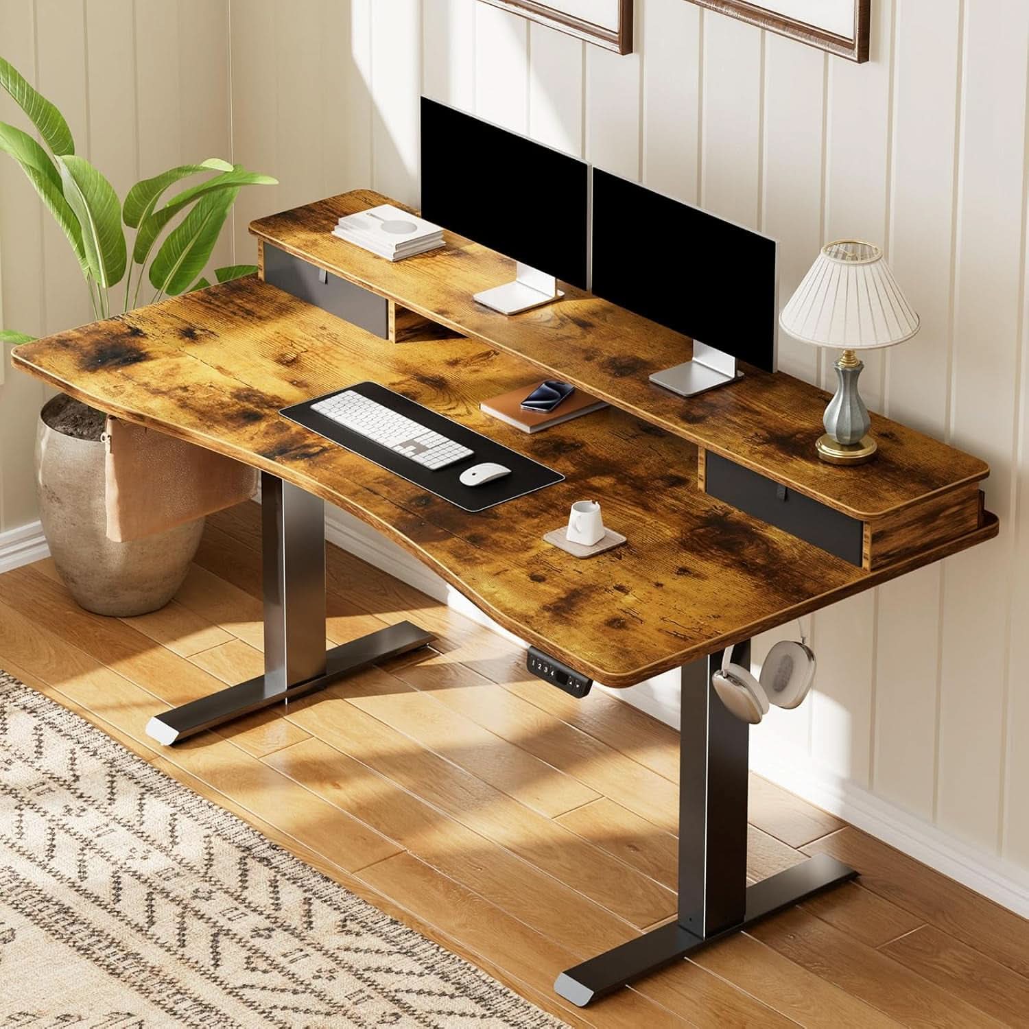 Brown 47.2 Inch Standing Desk Monitor Riser Drawers
