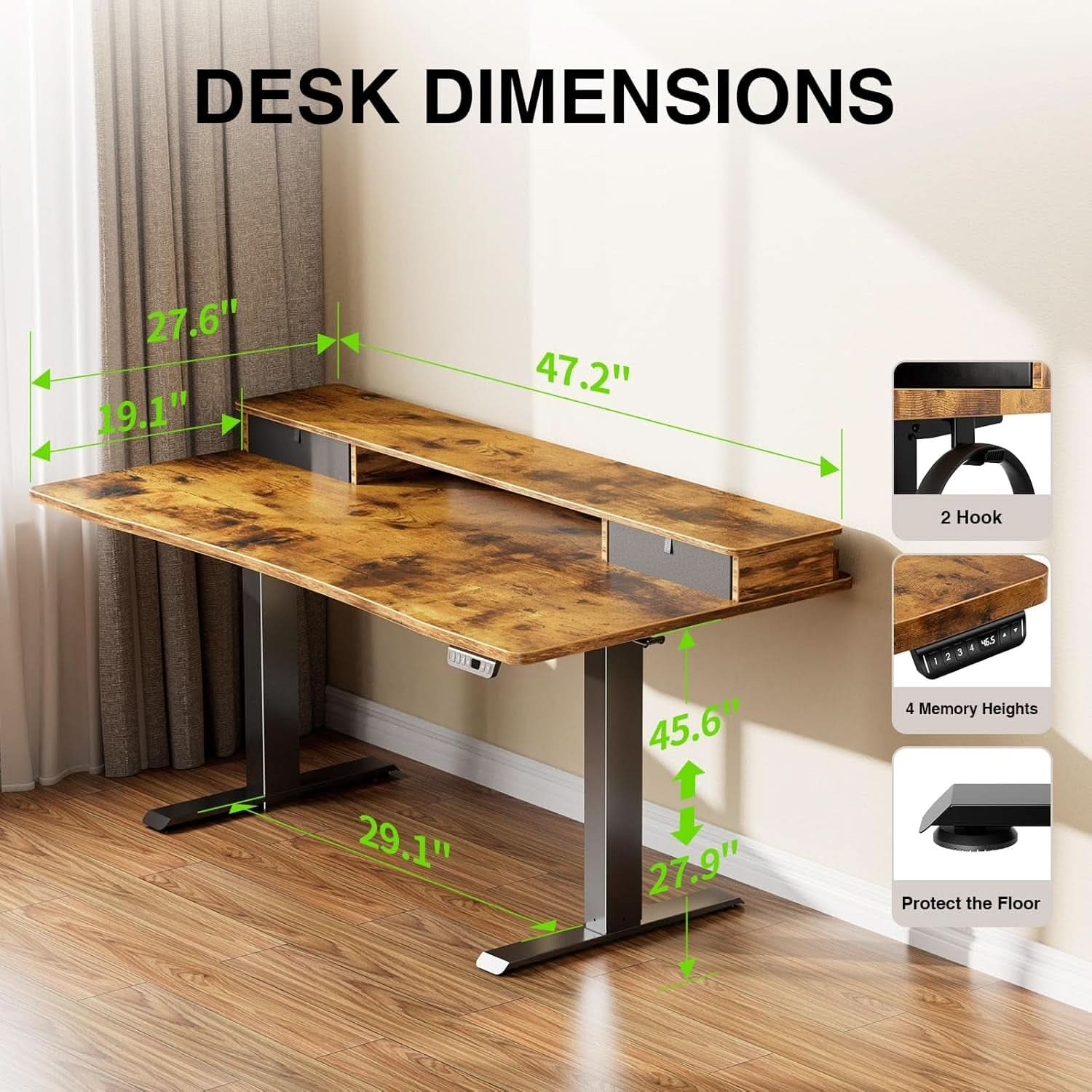 Brown 47.2 Inch Standing Desk Monitor Riser Drawers
