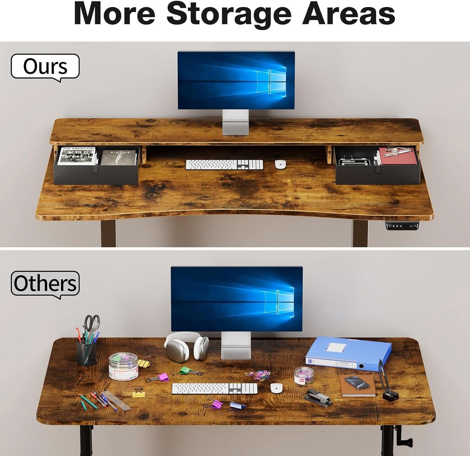 Brown 47.2 Inch Standing Desk Monitor Riser Drawers