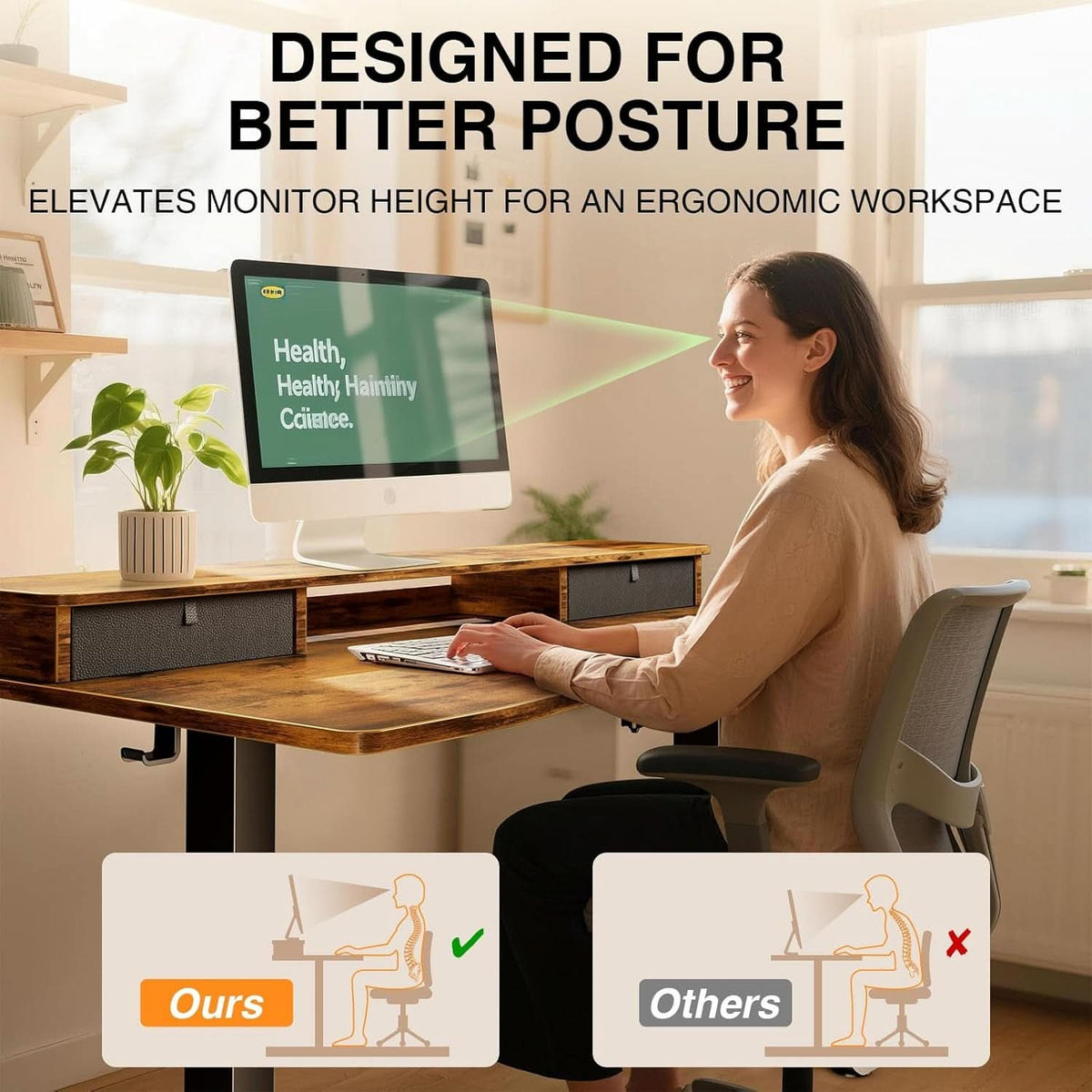 Brown 47.2 Inch Standing Desk Monitor Riser Drawers