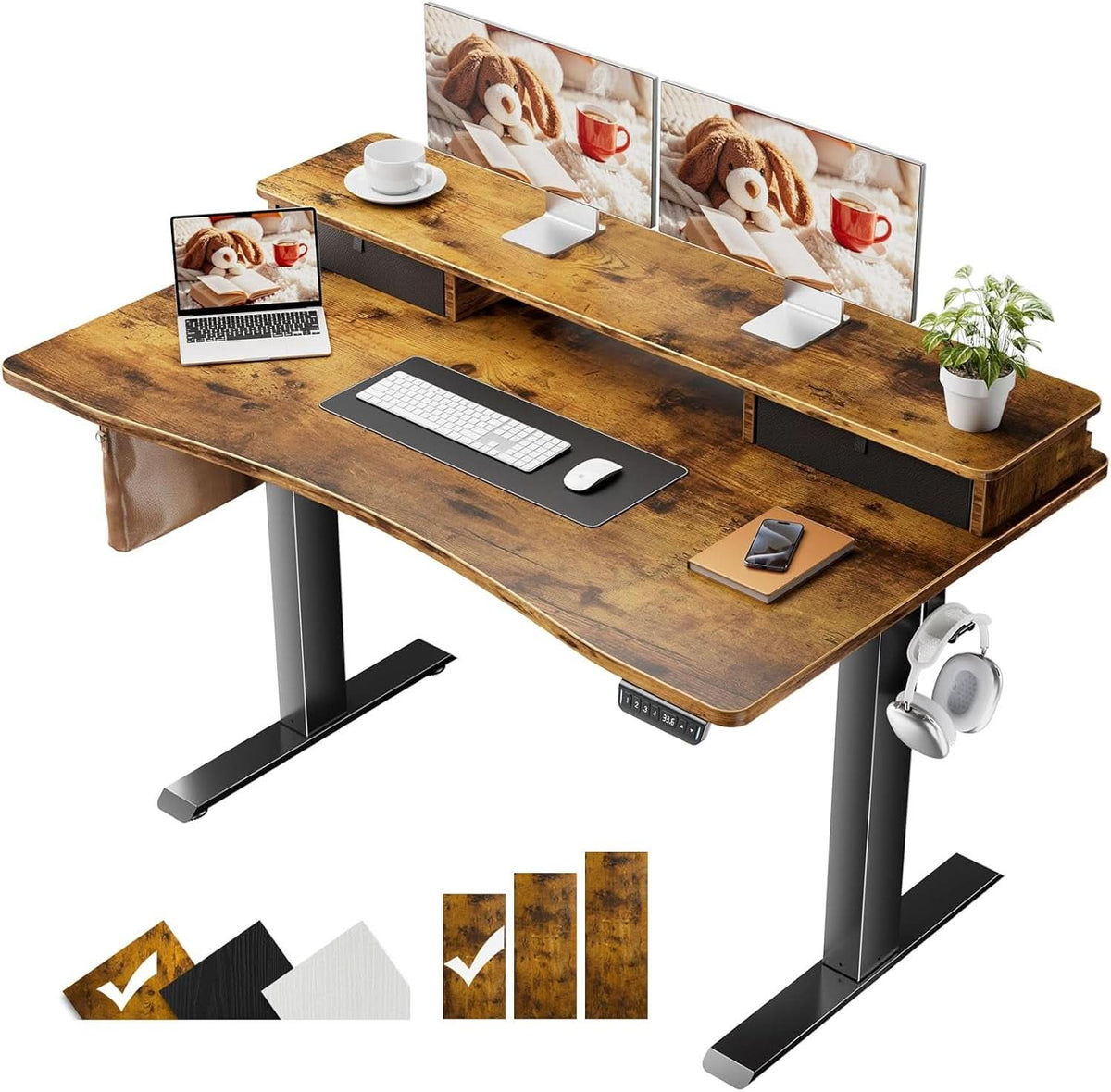 Brown 47.2 Inch Standing Desk Monitor Riser Drawers