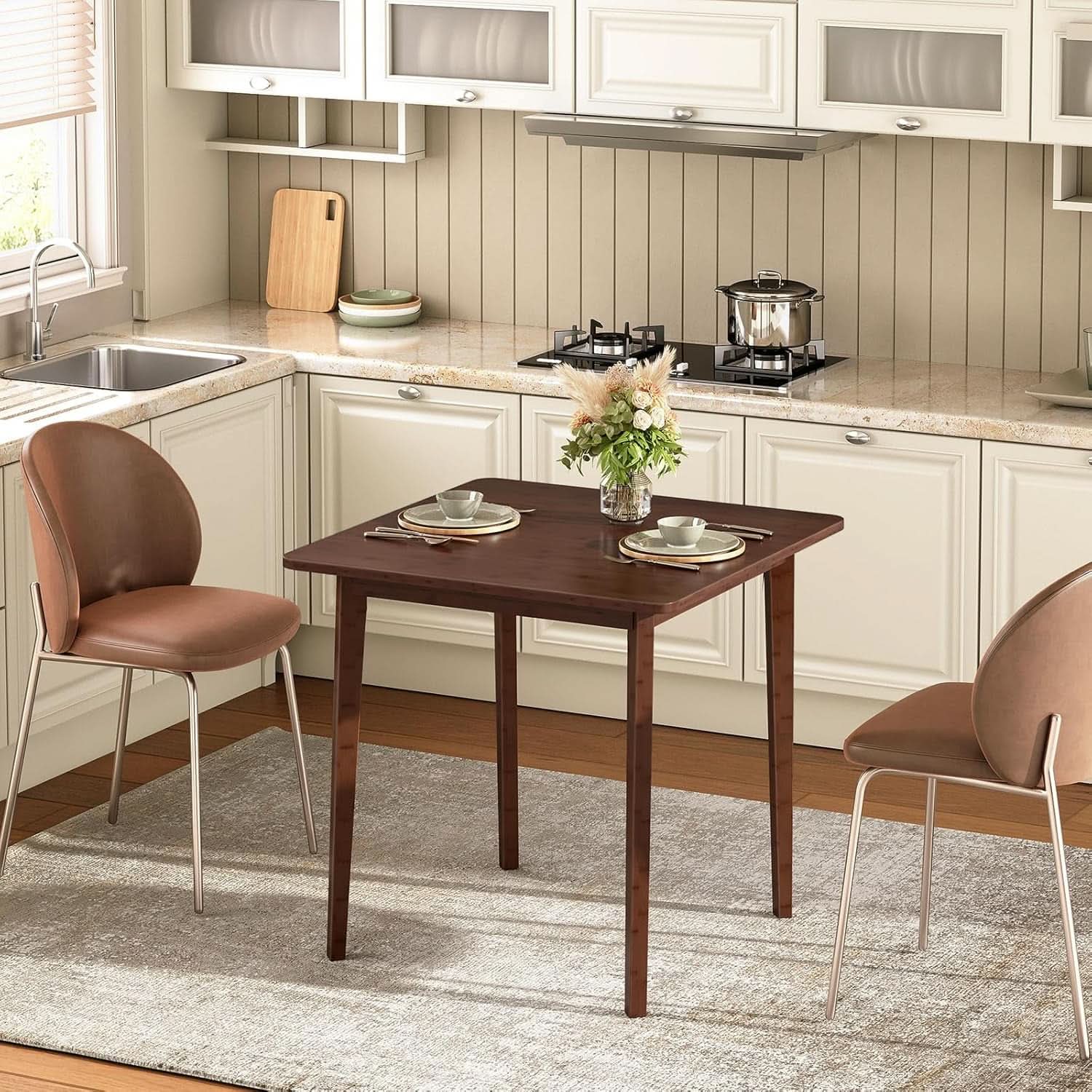 Brown Bamboo Square Dining Table 27.6 Inch For Small Spaces Easy Assembly