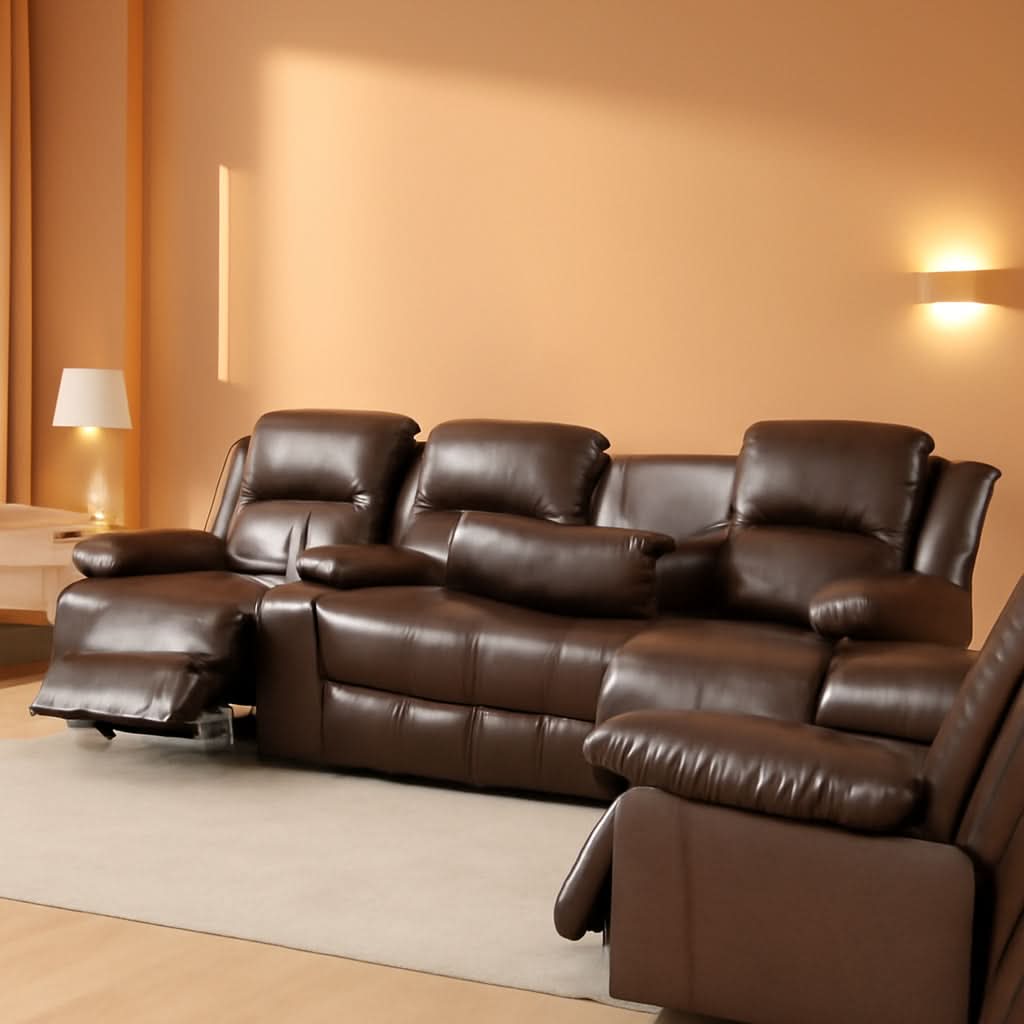 Brown Bonded Leather Manual Reclining Living Room Sofa Set