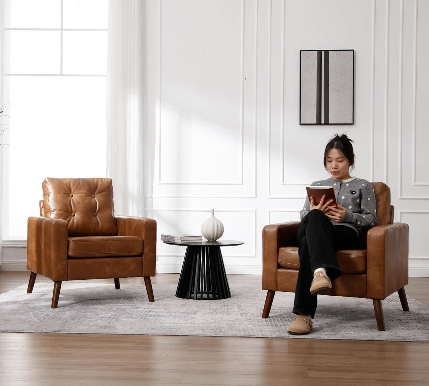 Brown Distinctive Tufted Faux Leather Armchairs Set