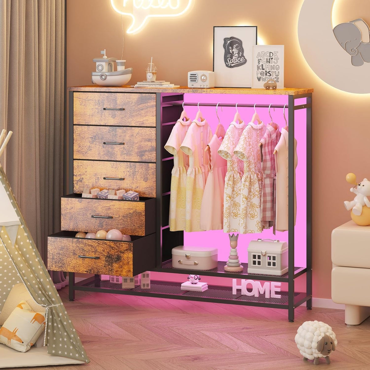 Brown Dresser With Hanging Rack And LED Lights For Bedroom