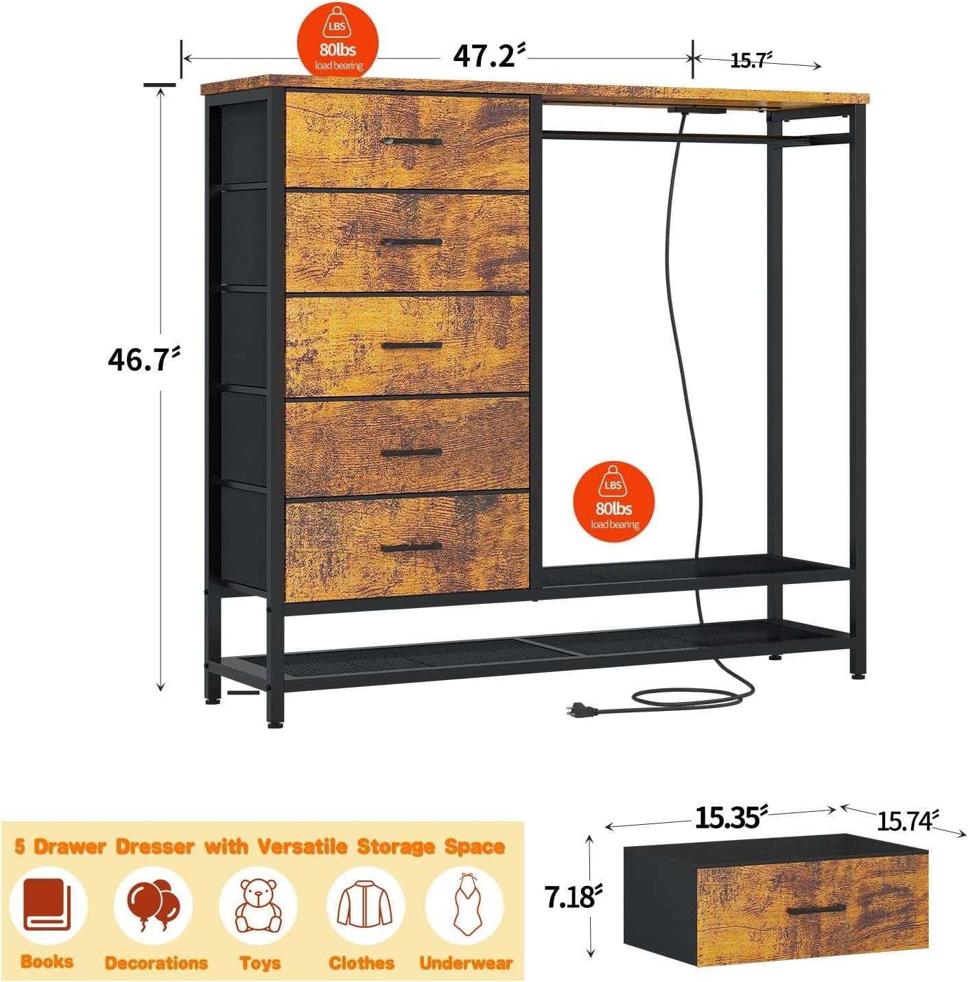 Brown Dresser With Hanging Rack And LED Lights For Bedroom