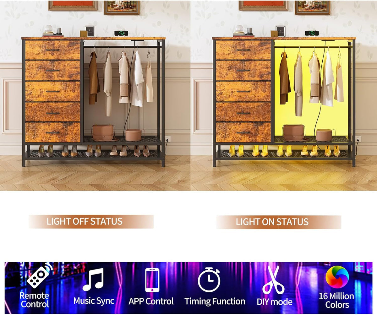 Brown Dresser With Hanging Rack And LED Lights For Bedroom