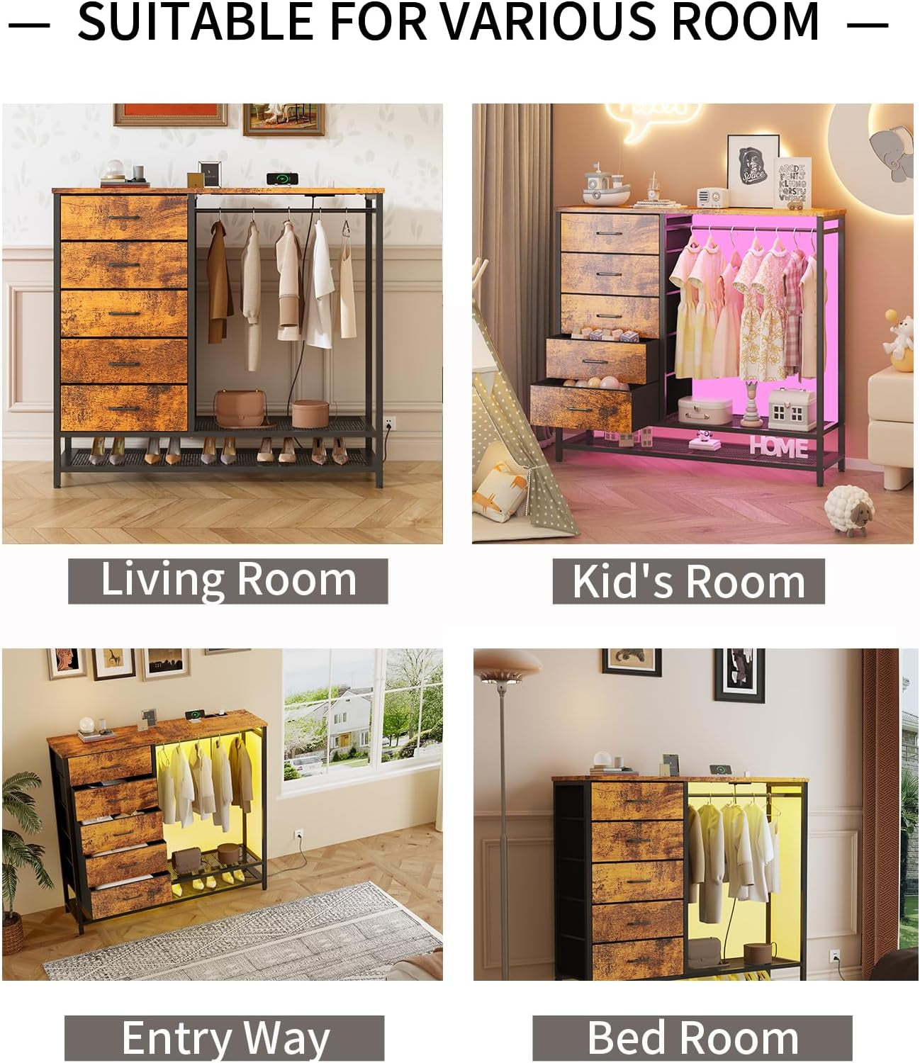 Brown Dresser With Hanging Rack And LED Lights For Bedroom