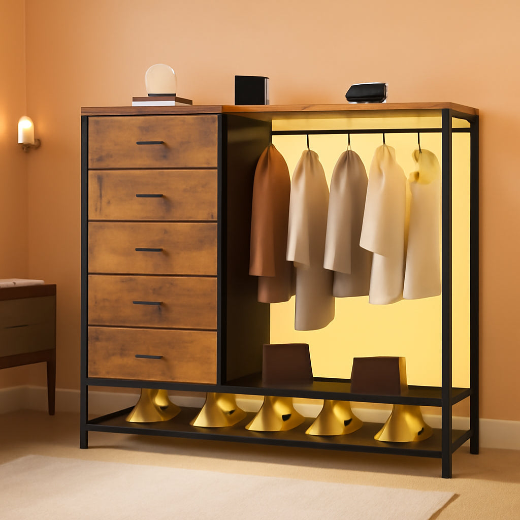 Brown Dresser With Hanging Rack And LED Lights For Bedroom