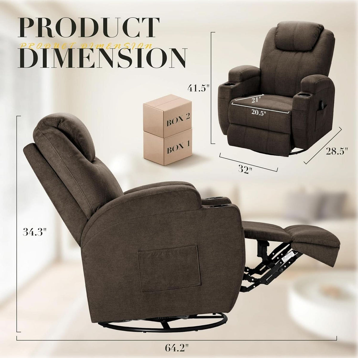Brown Fabric Recliner Chair With 360 Swivel Massage
