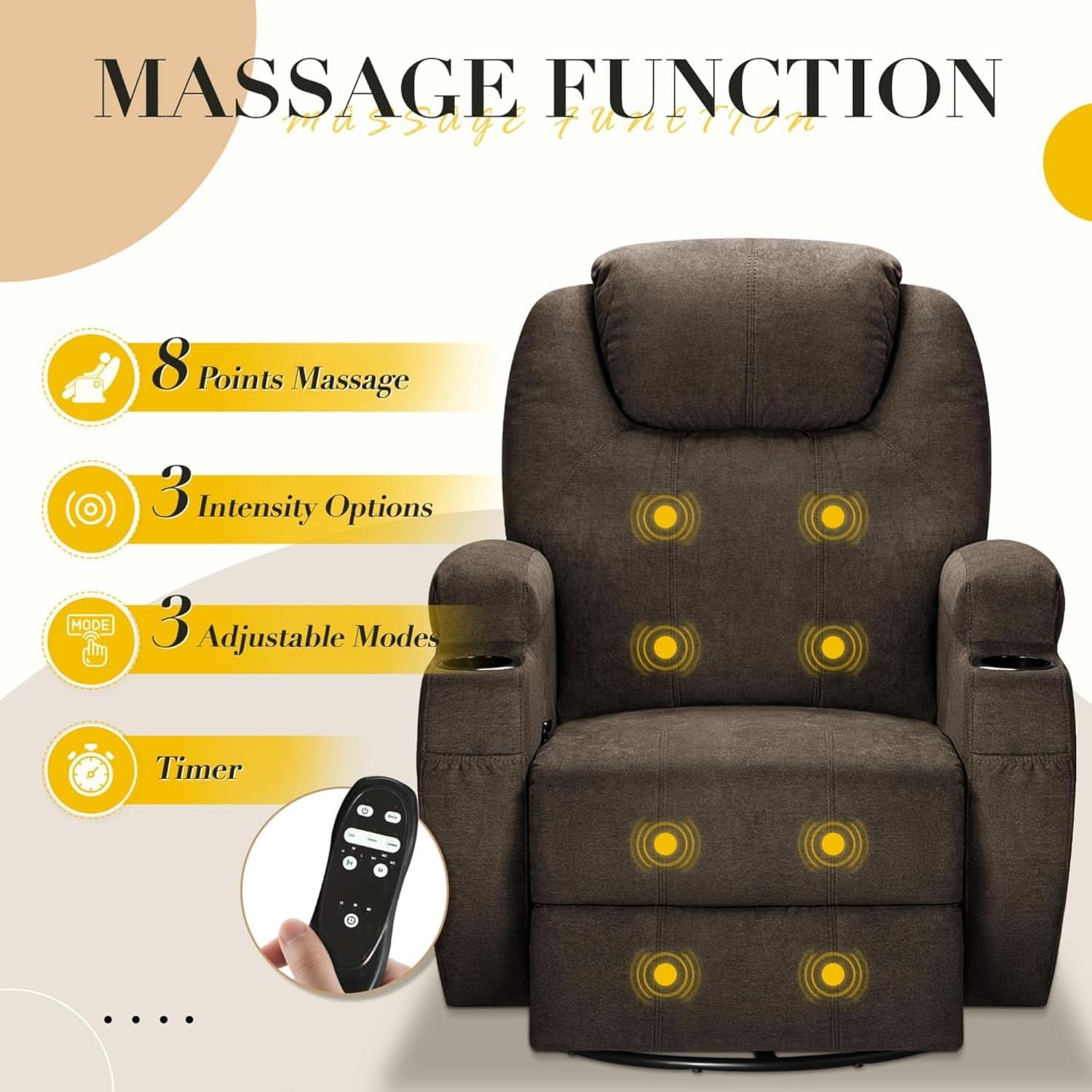 Brown Fabric Recliner Chair With 360 Swivel Massage