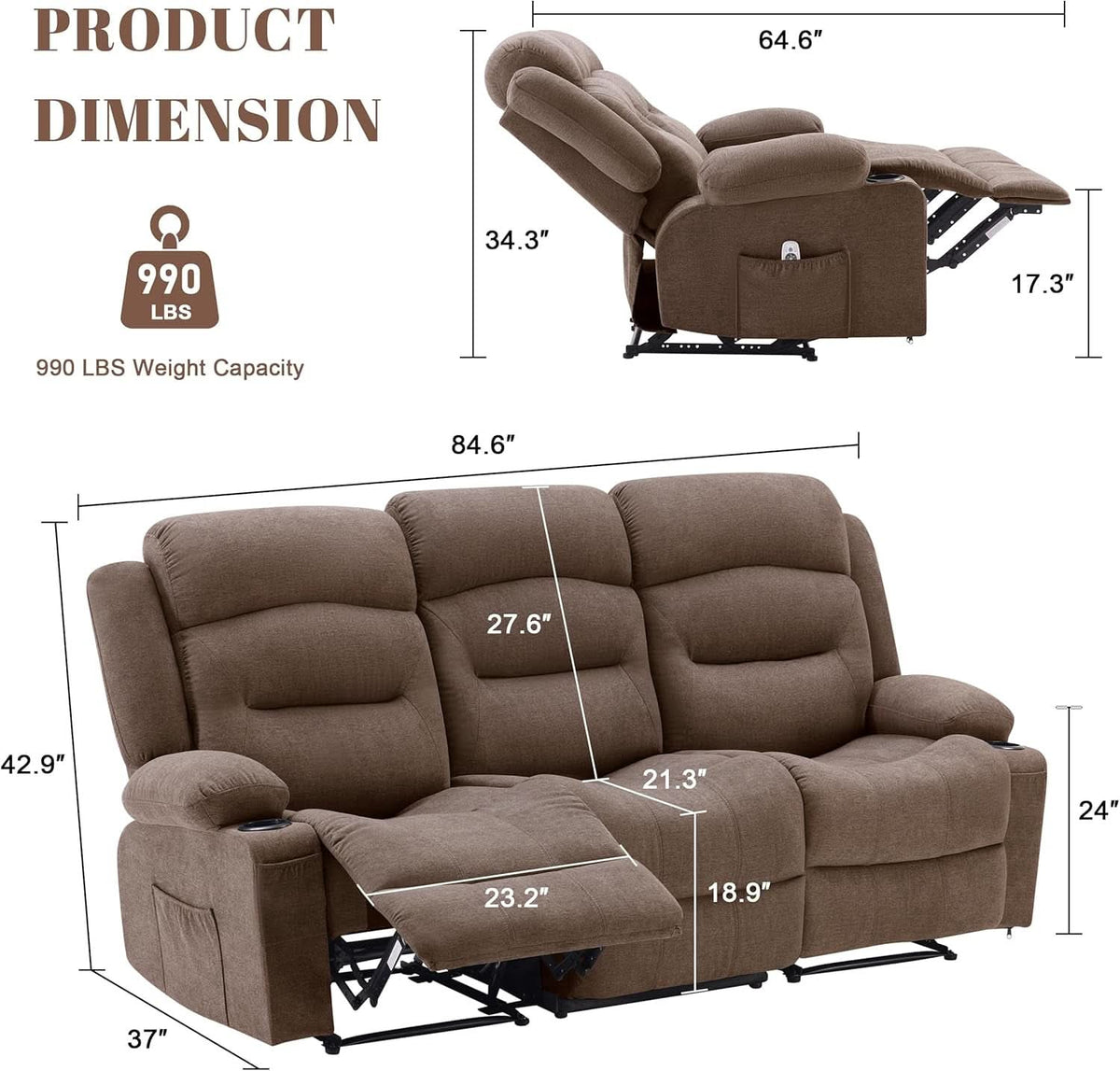 Brown Fabric Recliner Sofa With Heated Massage USB Port