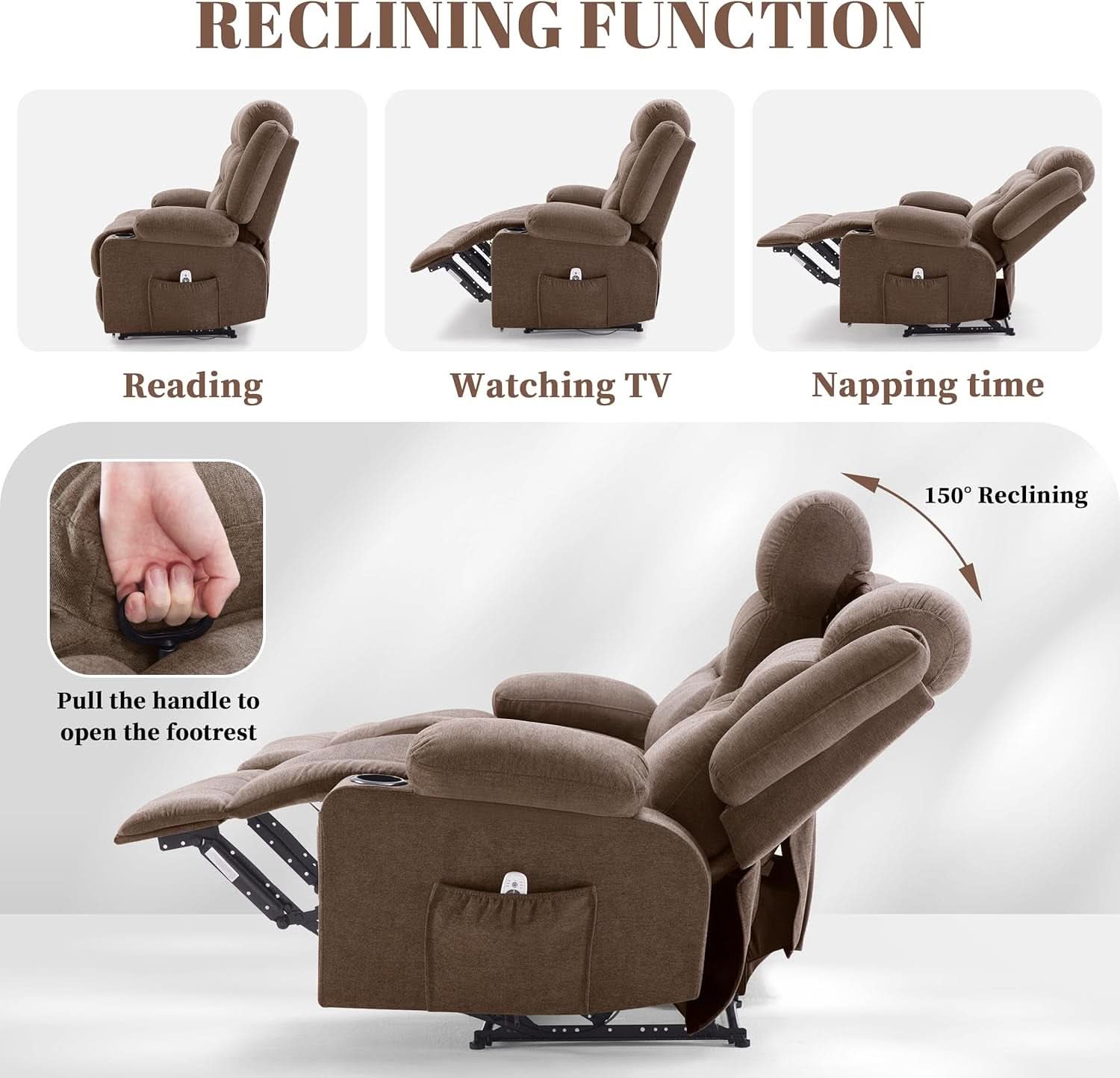 Brown Fabric Recliner Sofa With Heated Massage USB Port