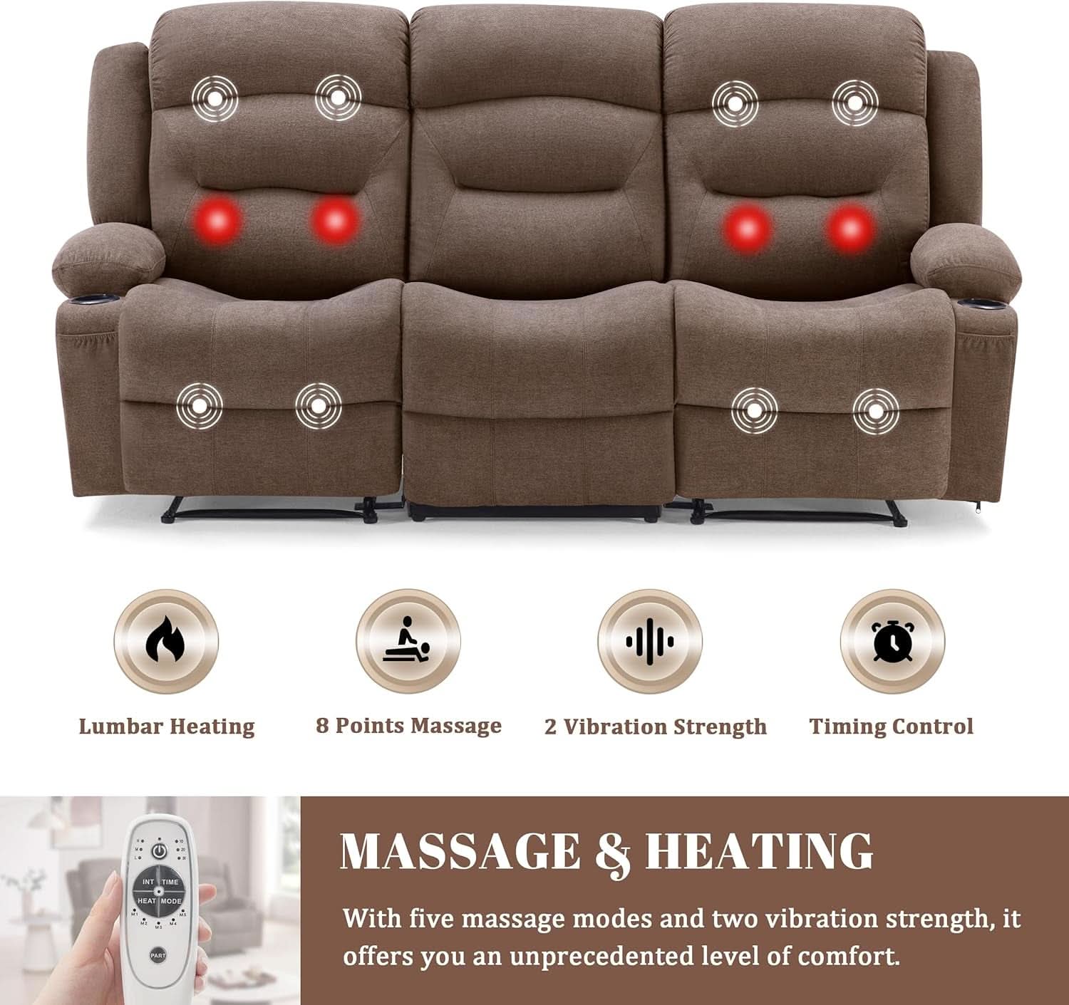 Brown Fabric Recliner Sofa With Heated Massage USB Port