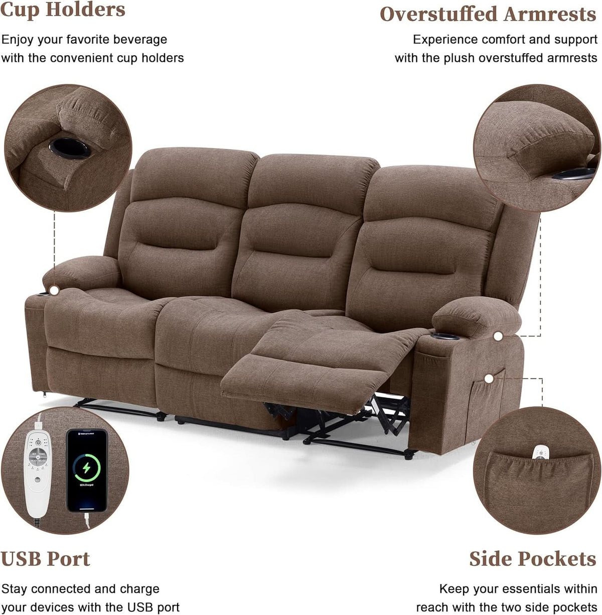 Brown Fabric Recliner Sofa With Heated Massage USB Port