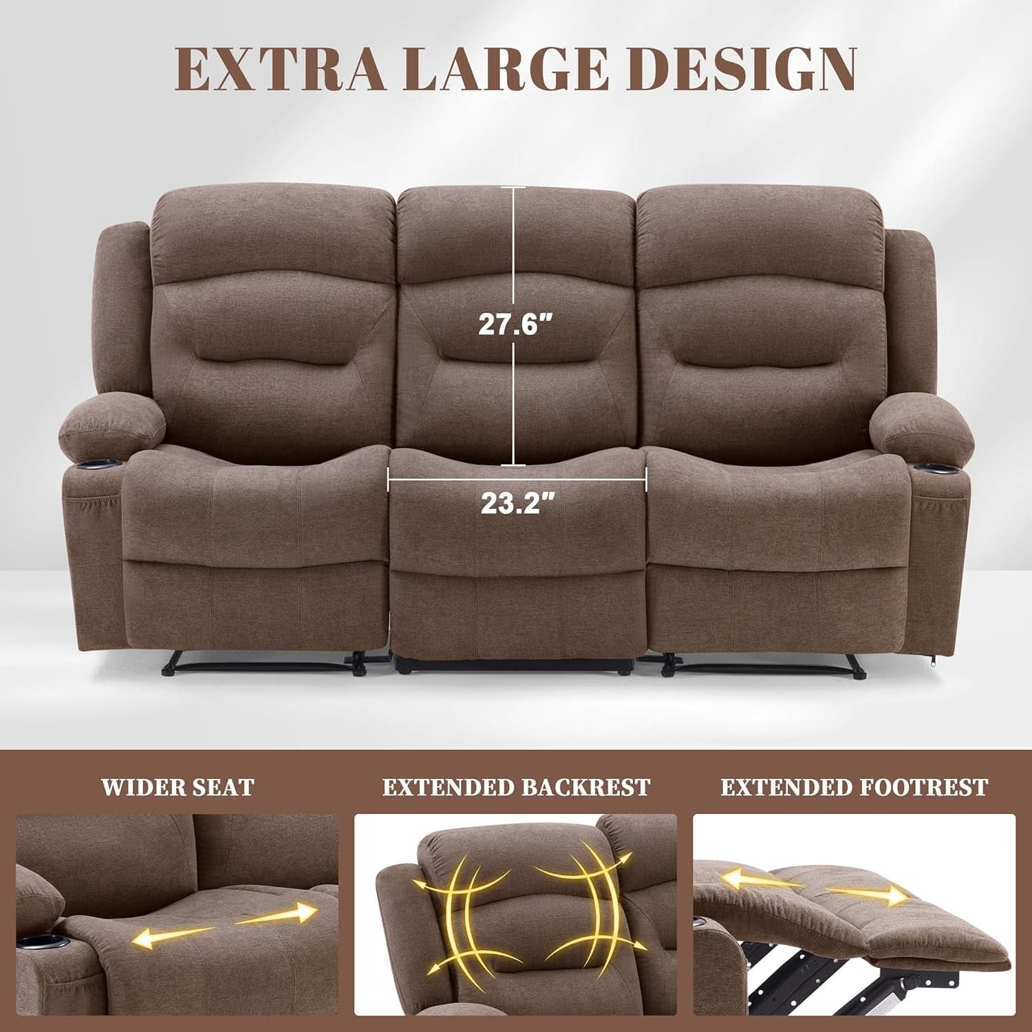 Brown Fabric Recliner Sofa With Heated Massage USB Port