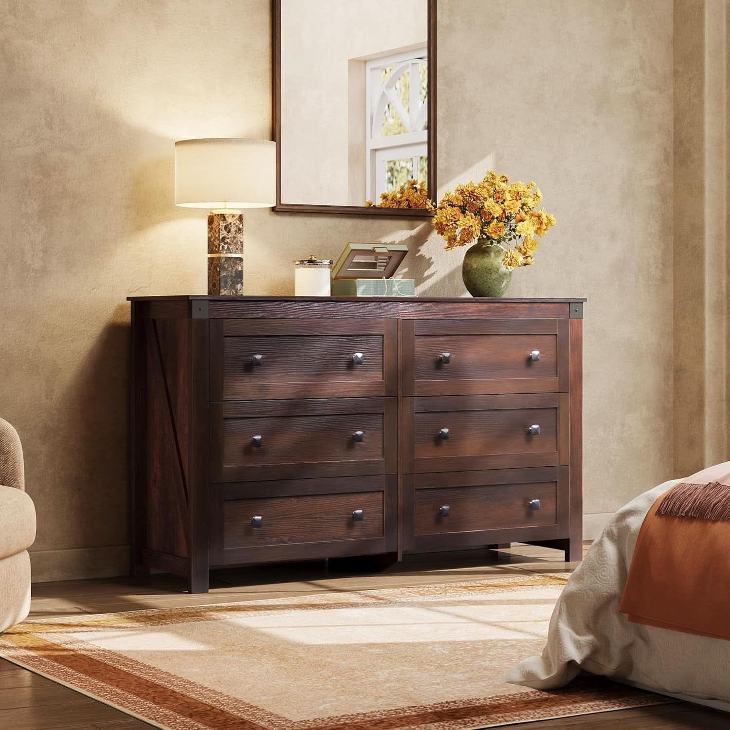 Brown Farmhouse 53 Inch 6 Drawer Dresser Rustic Handles