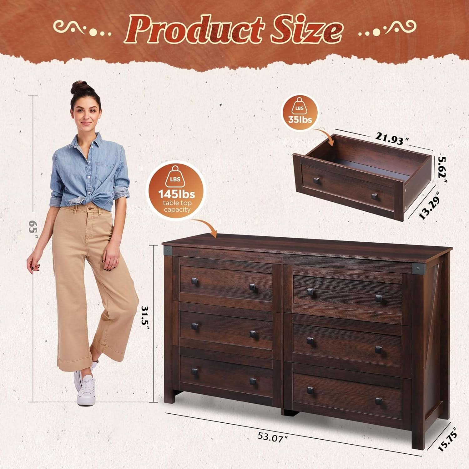 Brown Farmhouse 53 Inch 6 Drawer Dresser Rustic Handles