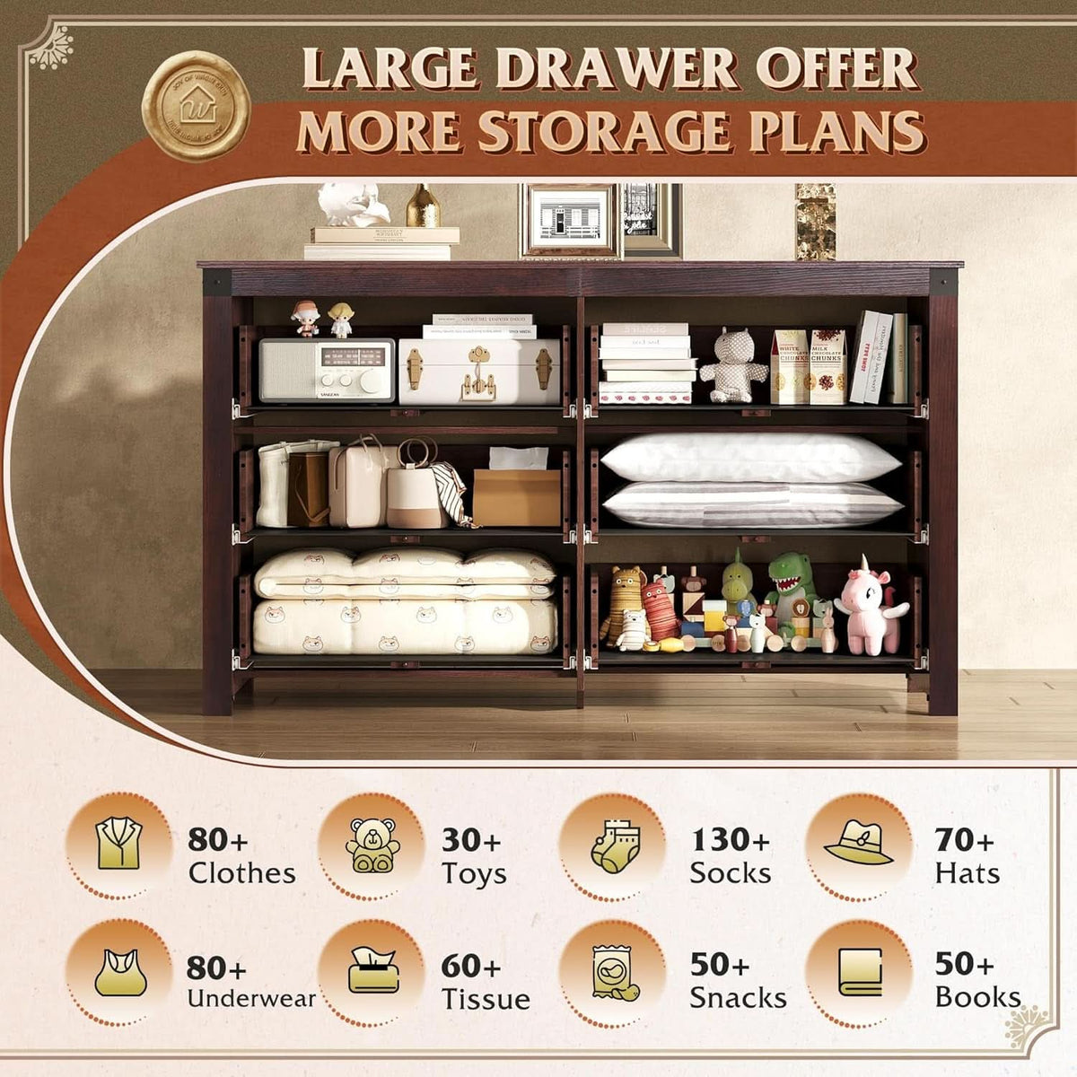 Brown Farmhouse 53 Inch 6 Drawer Dresser Rustic Handles