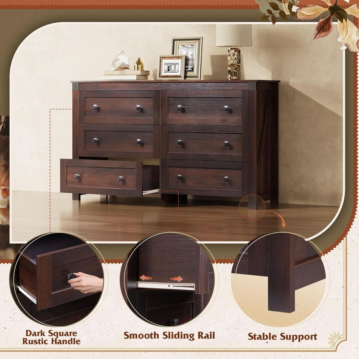 Brown Farmhouse 53 Inch 6 Drawer Dresser Rustic Handles