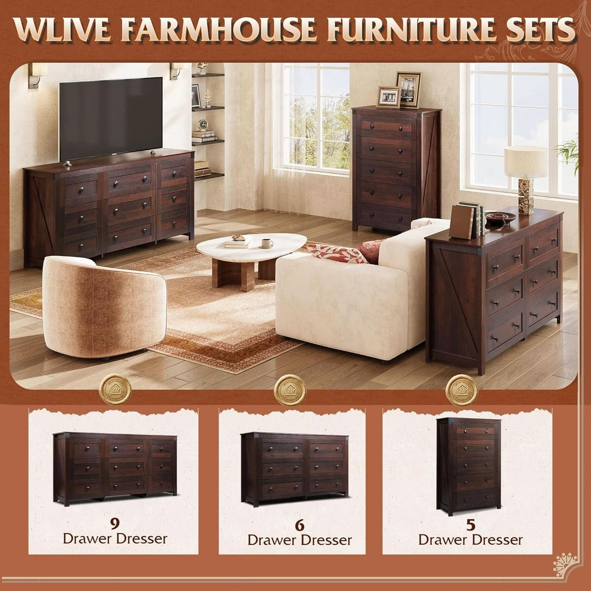Brown Farmhouse 53 Inch 6 Drawer Dresser Rustic Handles