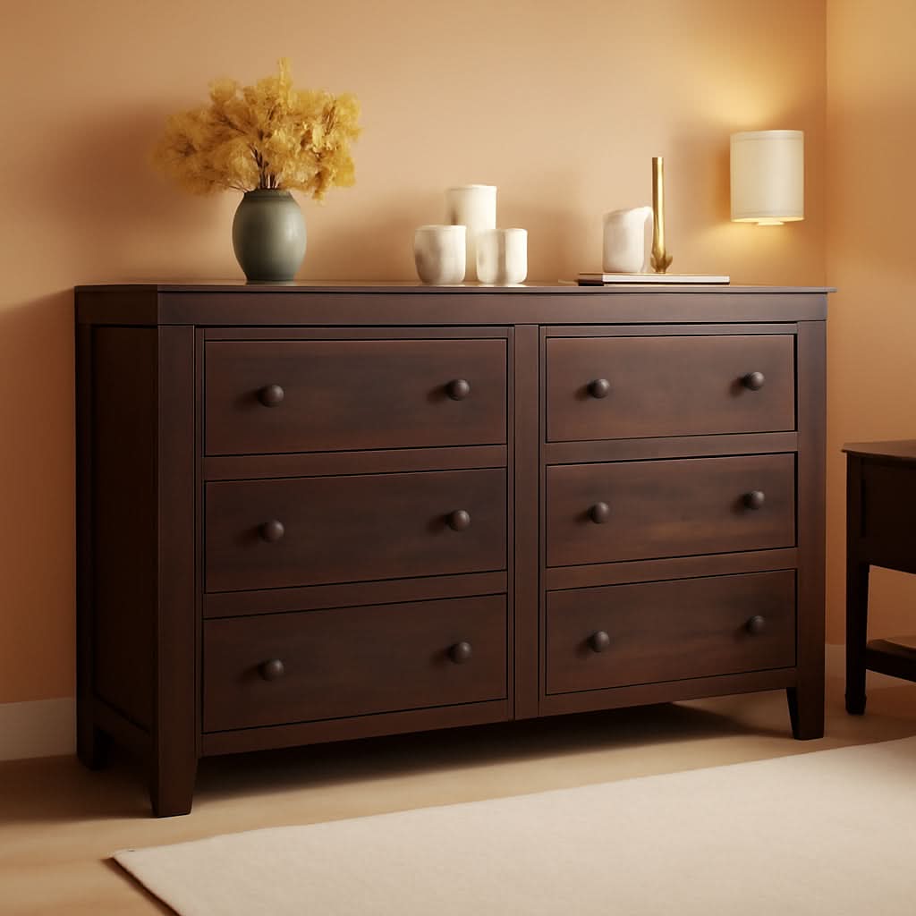 Brown Farmhouse 53 Inch 6 Drawer Dresser Rustic Handles