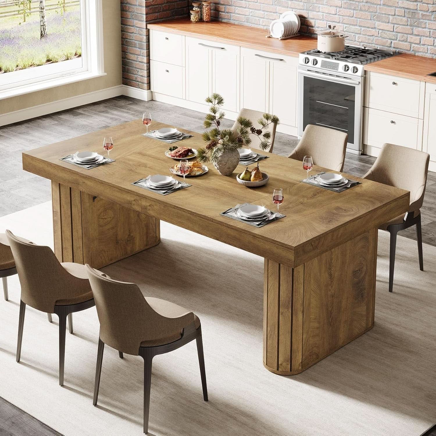 Brown Farmhouse Dining Table With Reinforced Pedestal