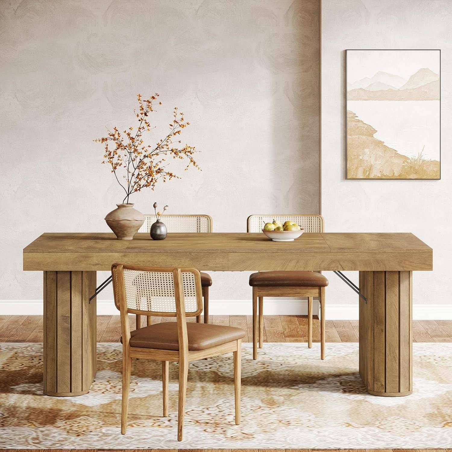 Brown Farmhouse Dining Table With Reinforced Pedestal