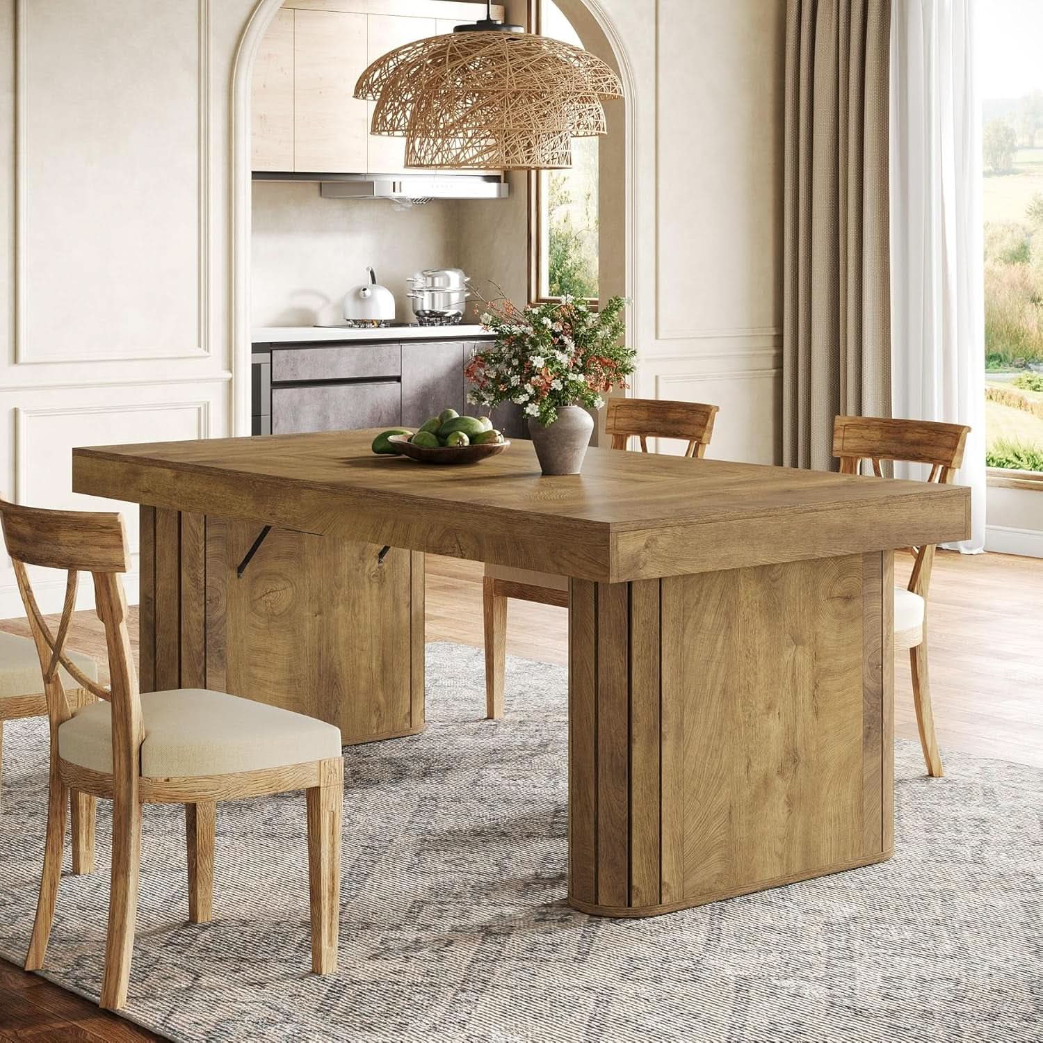 Brown Farmhouse Dining Table With Reinforced Pedestal