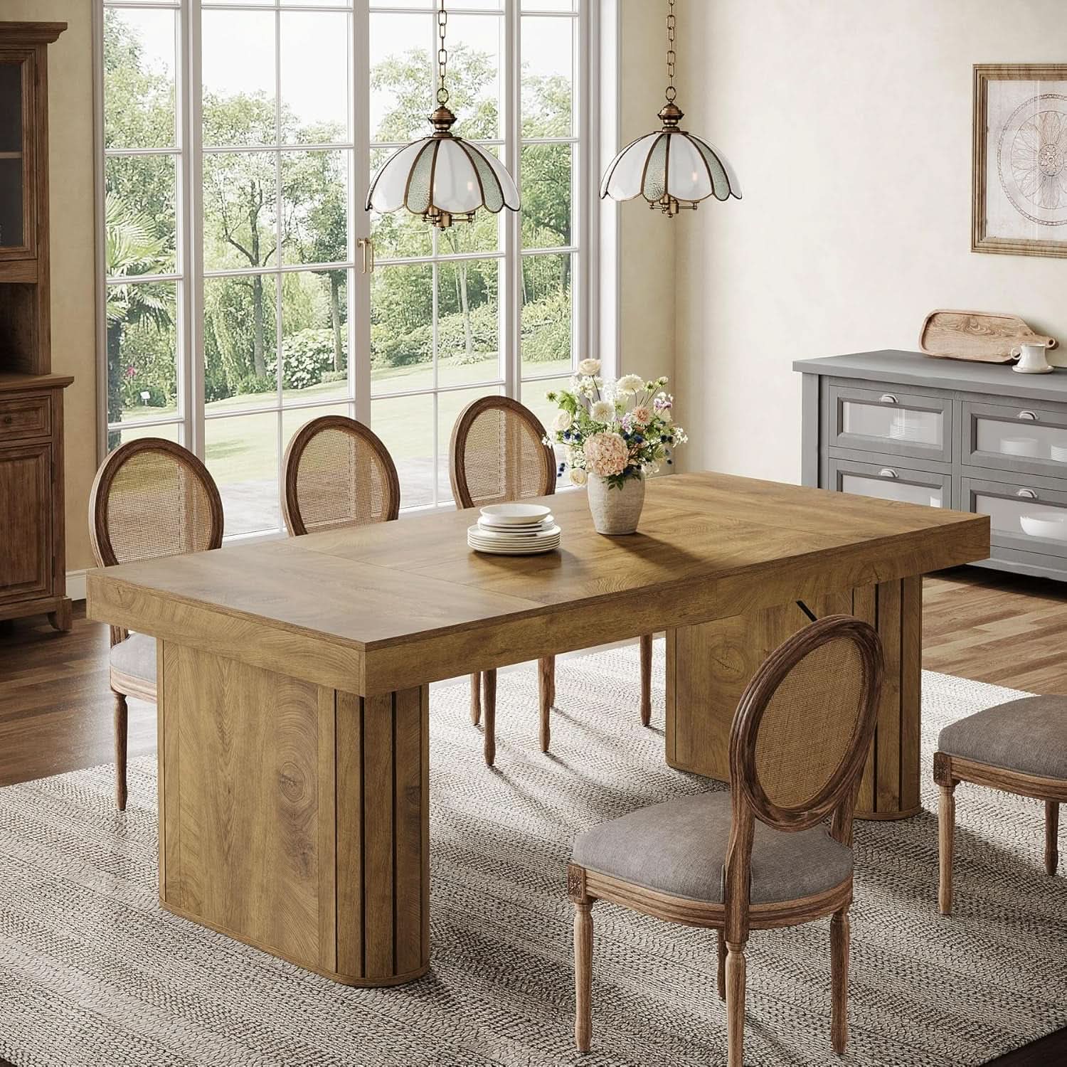 Brown Farmhouse Dining Table With Reinforced Pedestal