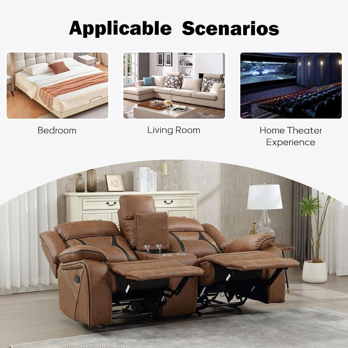 Brown Faux Leather Loveseat Dual Recliners Center Console