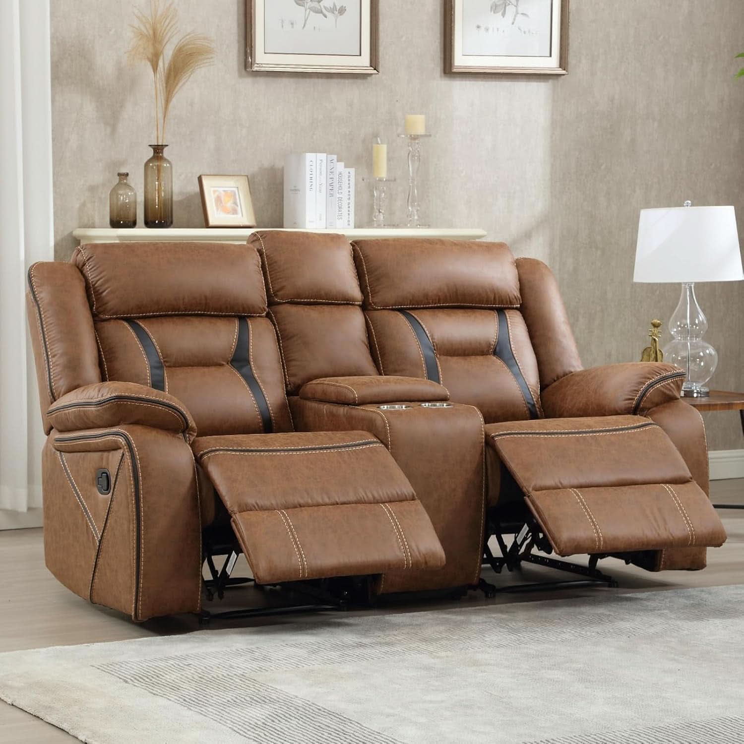 Brown Faux Leather Loveseat Dual Recliners Center Console