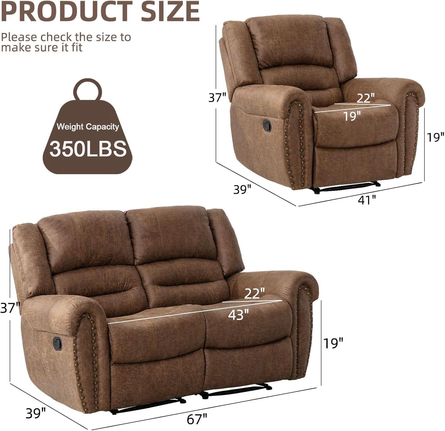 Brown Faux Leather Manual Recliner Sofa Set With Loveseat