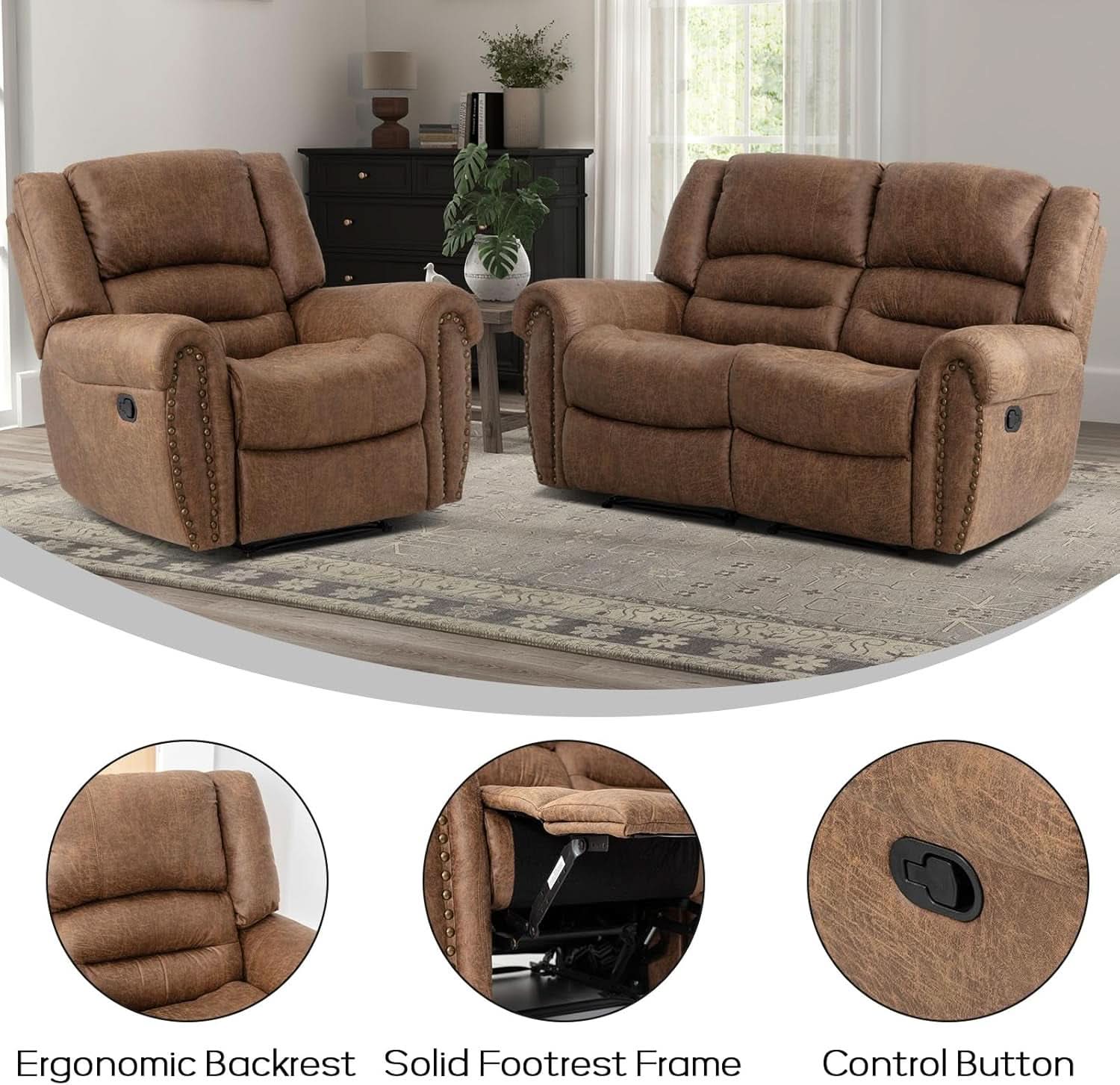 Brown Faux Leather Manual Recliner Sofa Set With Loveseat