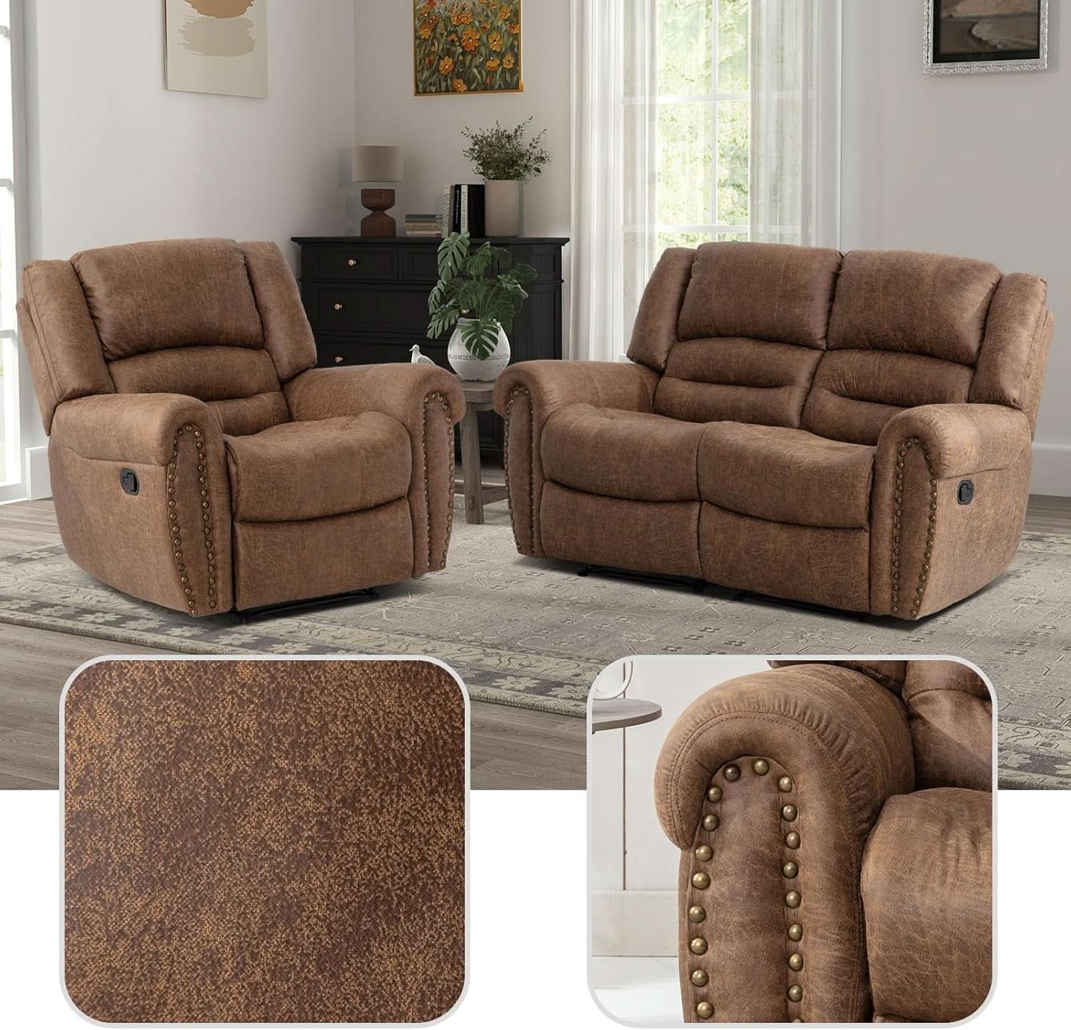 Brown Faux Leather Manual Recliner Sofa Set With Loveseat