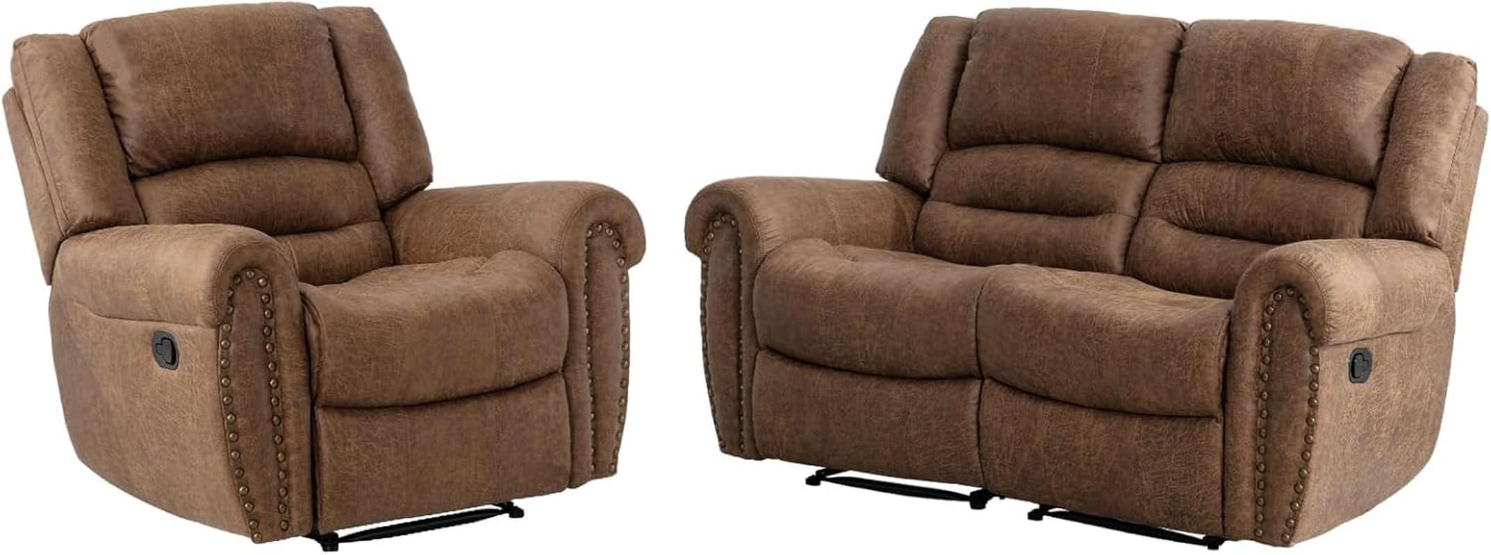 Brown Faux Leather Manual Recliner Sofa Set With Loveseat