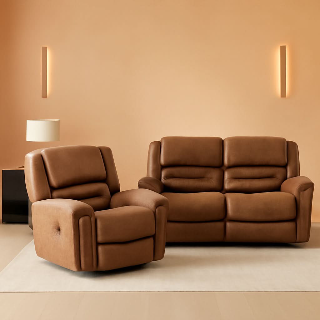 Brown Faux Leather Manual Recliner Sofa Set With Loveseat