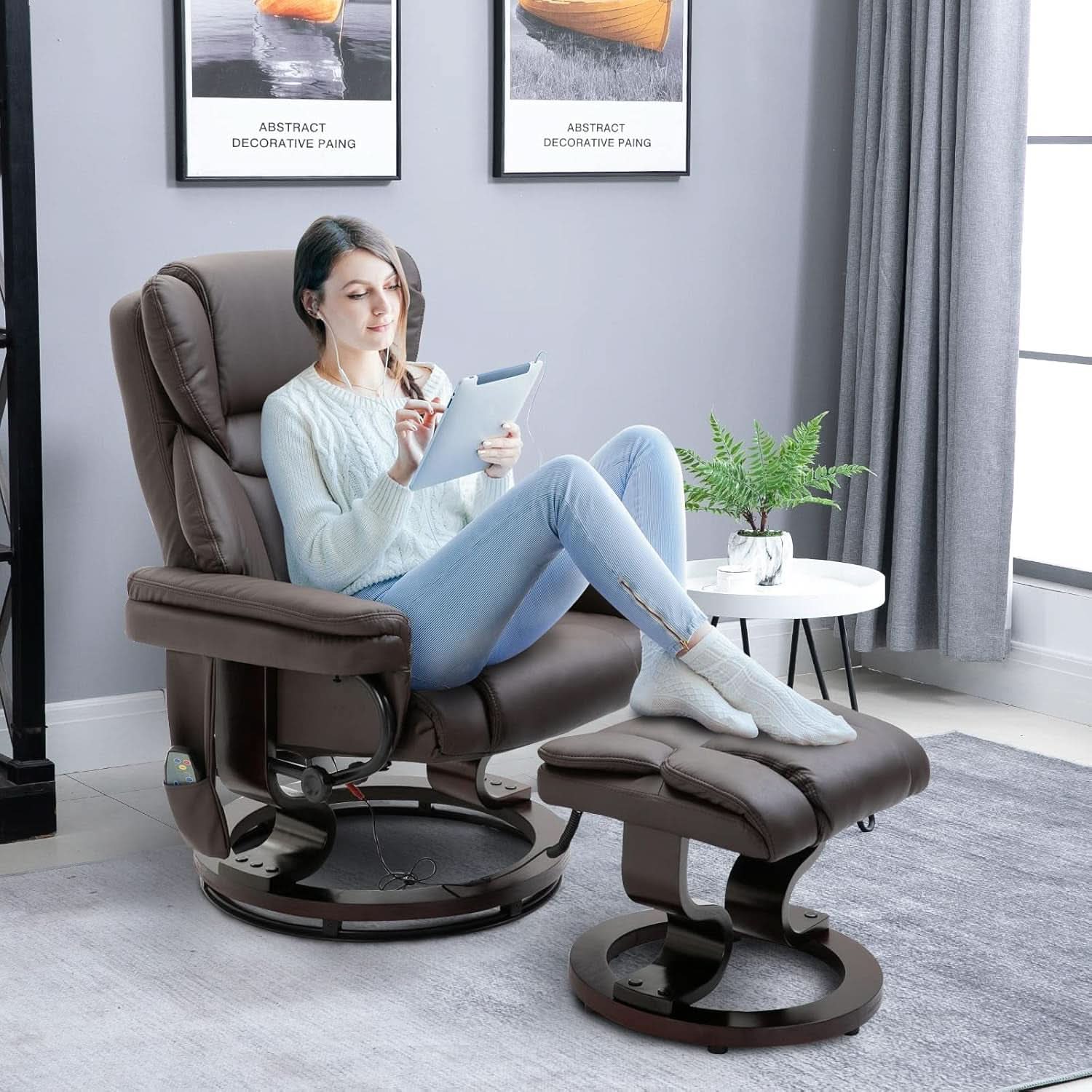 Brown Faux Leather Massage Recliner Chair With Ottoman