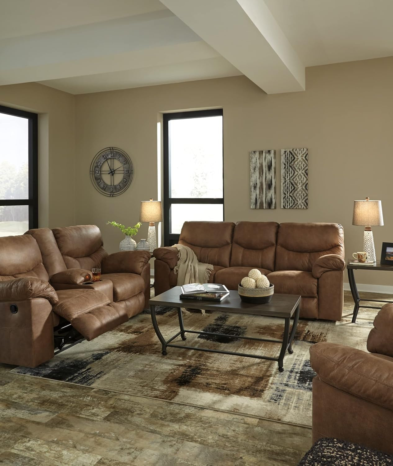 Brown Faux Leather Recliner Loveseat With Dual Reclining