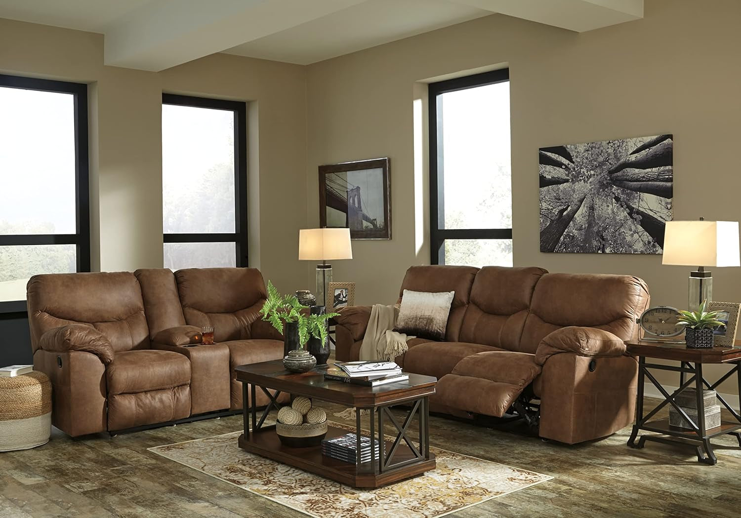 Brown Faux Leather Recliner Loveseat With Dual Reclining
