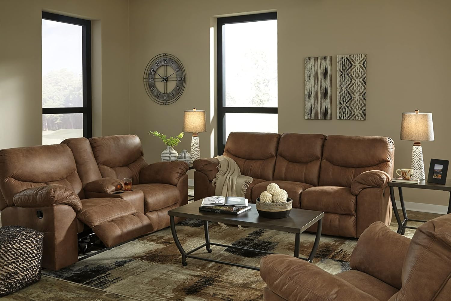 Brown Faux Leather Recliner Loveseat With Dual Reclining