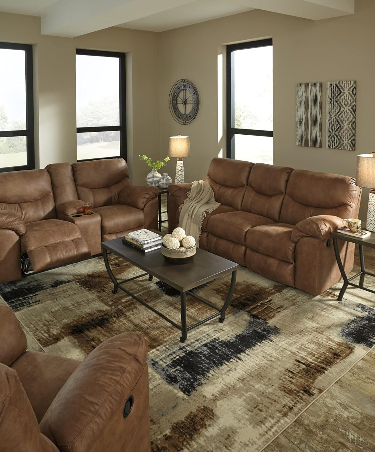 Brown Faux Leather Recliner Loveseat With Dual Reclining