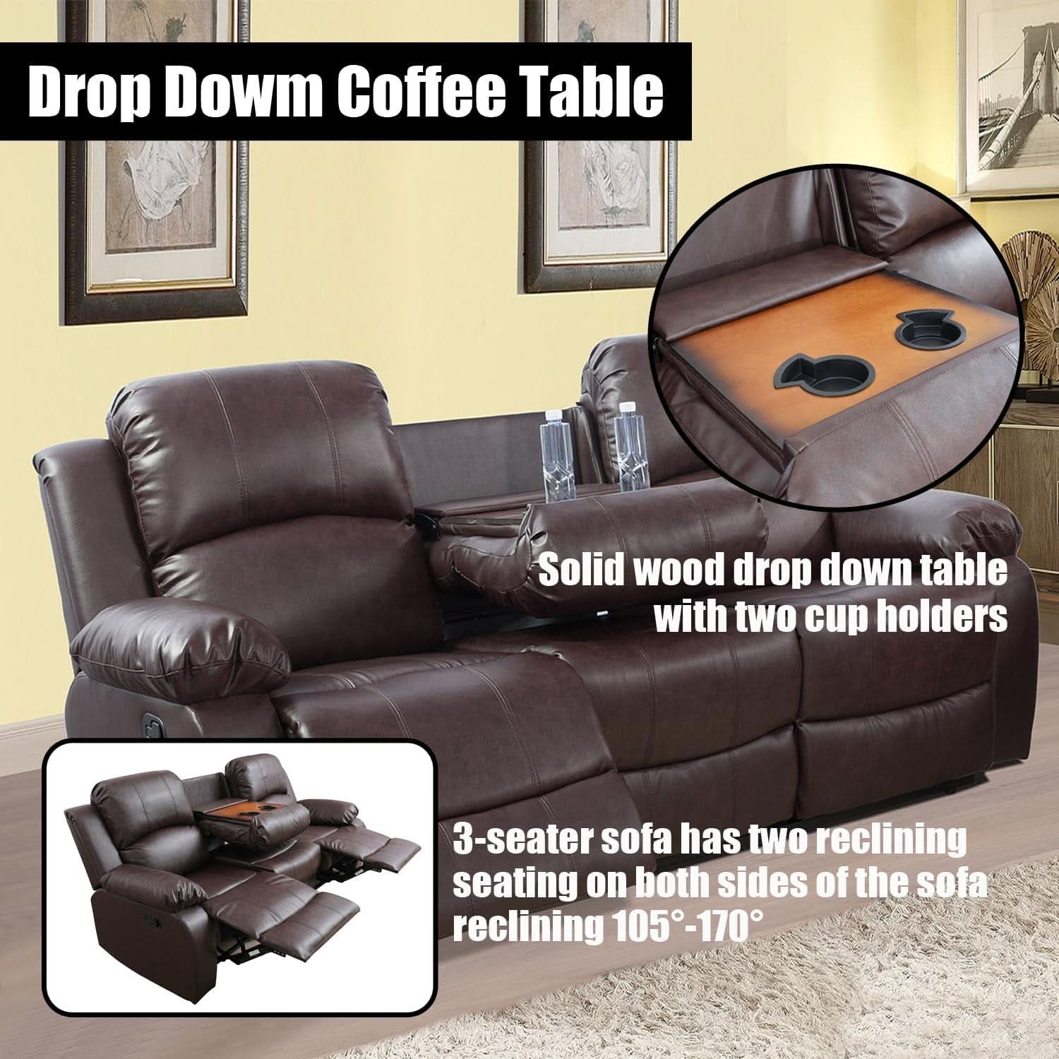 Brown Faux Leather Reclining Living Room Set Sofa Loveseat Chair