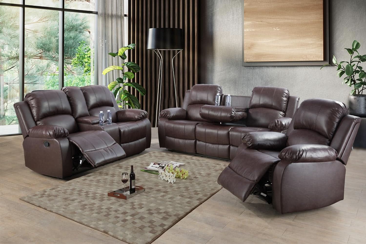 Brown Faux Leather Reclining Living Room Set Sofa Loveseat Chair