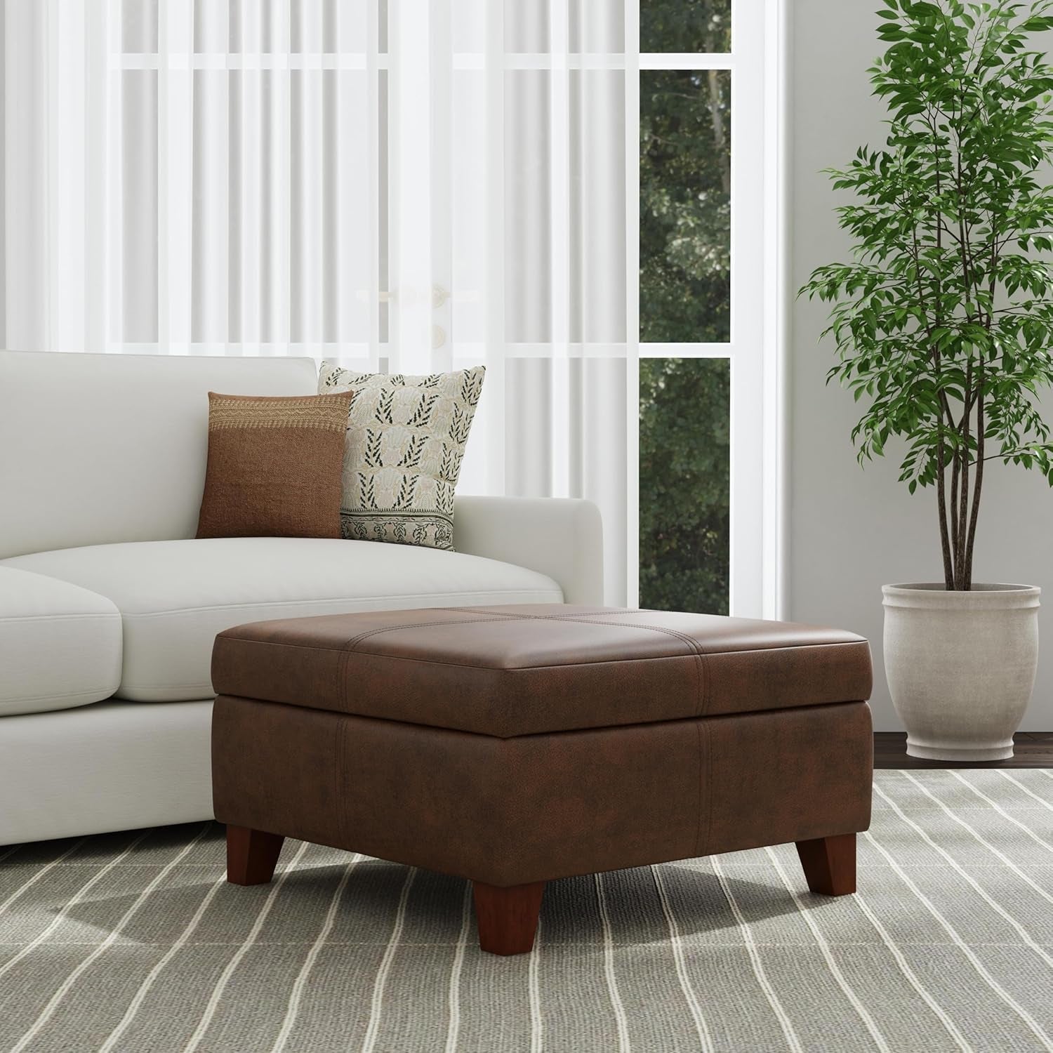 Brown Faux Leather Square Storage Ottoman Oversized