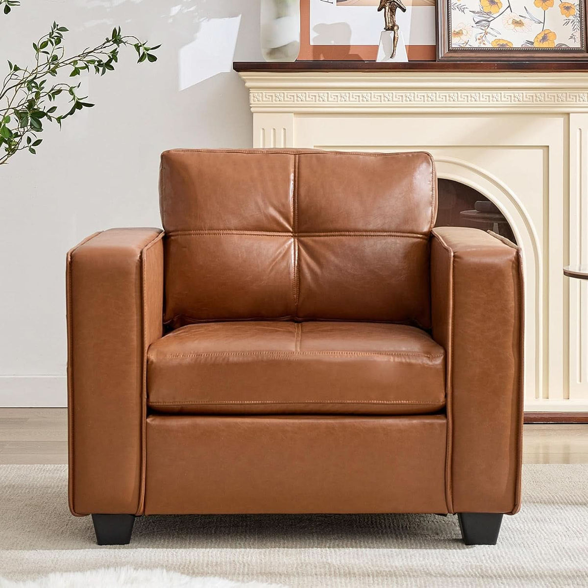 Brown Faux Leather Upholstered Accent Chair Oversized