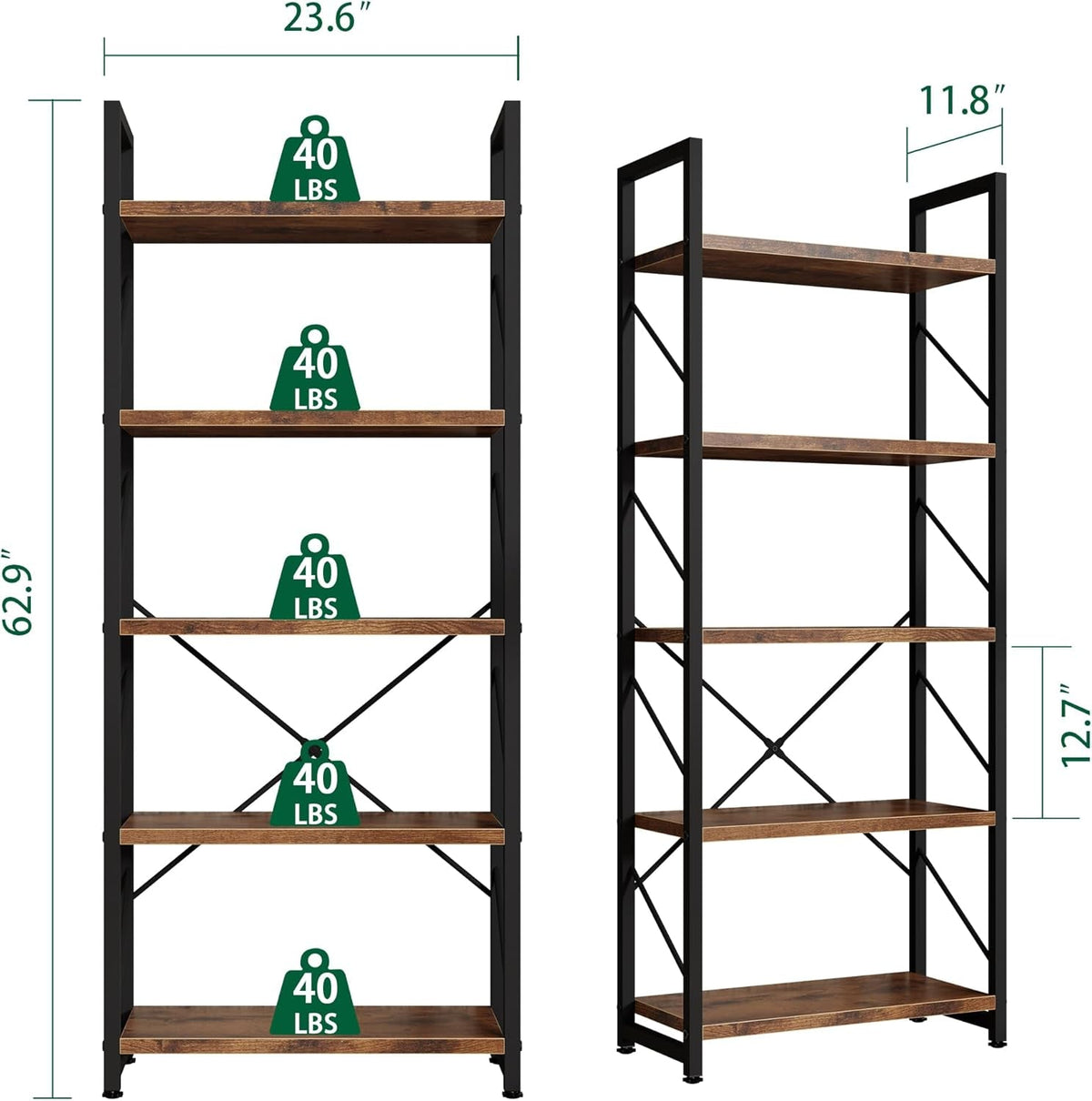 Brown Five Tier Metal Bookcase For Living Room Decor